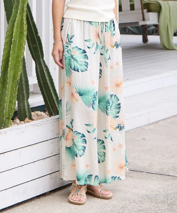 Pantalon évasé en rayonne et lin à motifs botaniques