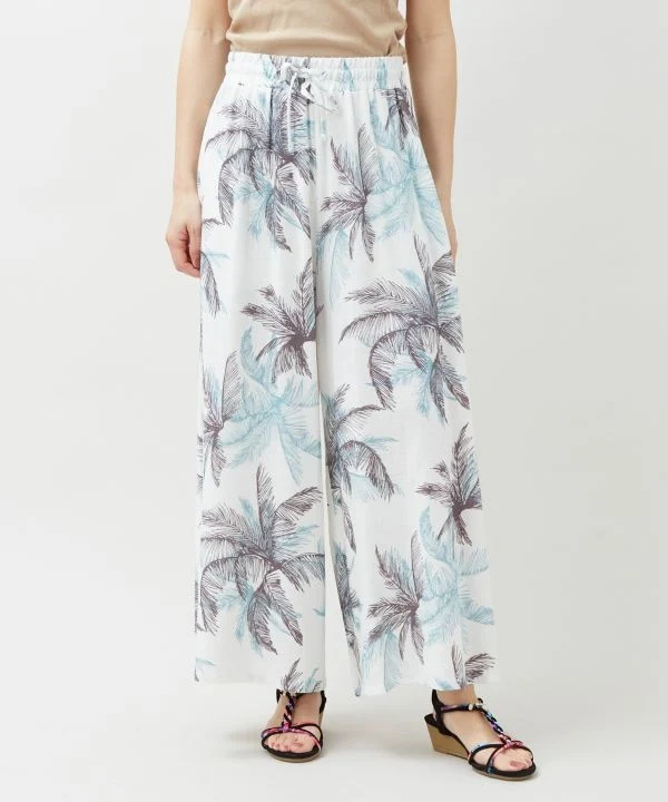 Pantalon évasé en rayonne et lin à motifs botaniques