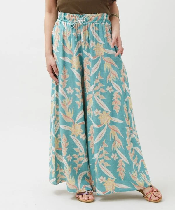 Pantalon évasé en rayonne et lin à motifs botaniques