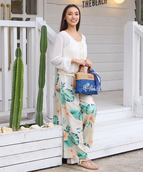 Pantalon évasé en rayonne et lin à motifs botaniques