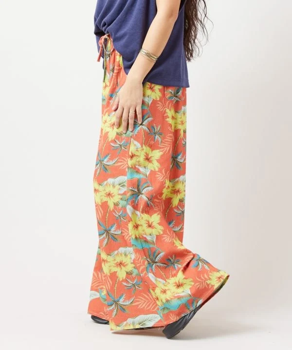 Pantalon évasé en rayonne et lin à motifs botaniques