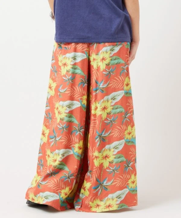 Pantalon évasé en rayonne et lin à motifs botaniques