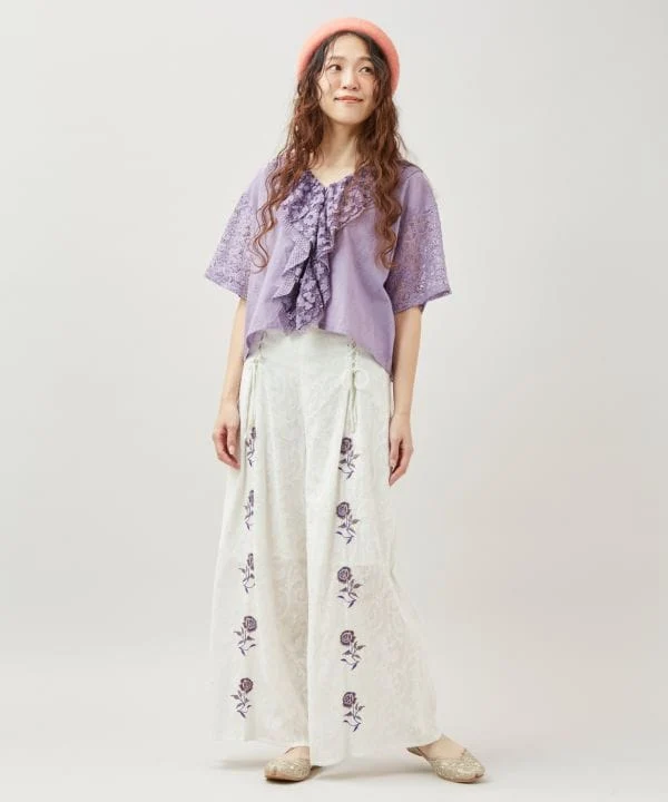 Pantalon évasé à motif jacquard floral